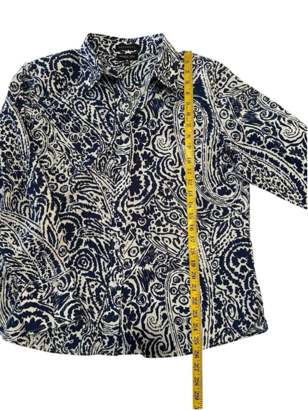 Foxcroft Chic Button-down Blouse Womens 14 Blue White Eclectic Floral Art Summer - Picture 12 of 17